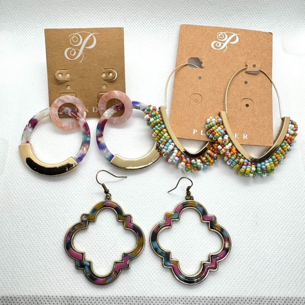 Lot of 3 Pair Plunder Acrylic Earrings Colorful Dangle Fashion Statement Jewelry